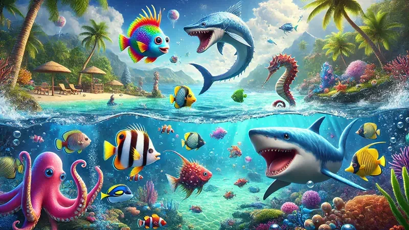 Arena bawah laut dengan target ikan dan kontrol meriam